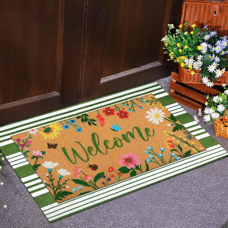 Tinideya 2 Pcs Floral Welcome Doormat Flower Outdoor Welcome Mats for Front Door Non Slip Wildflower Coir Floor Mat Green White Stripe Layering Rug for Outside Front Porch Entryway Decor - Image 2